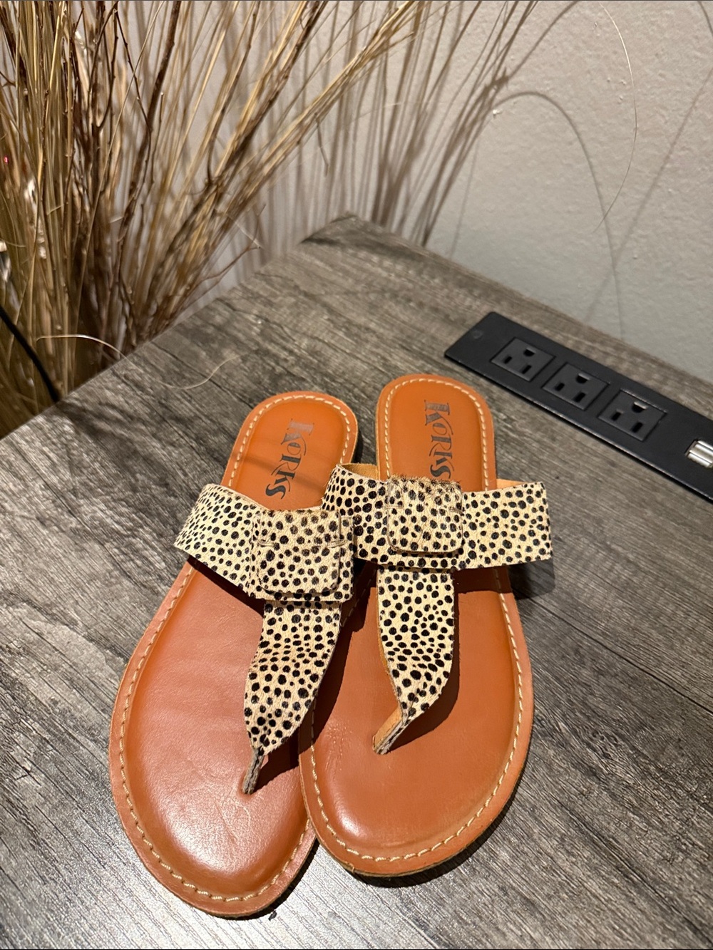 Korks Tan Leather Sandals with Leopard-Print Strap